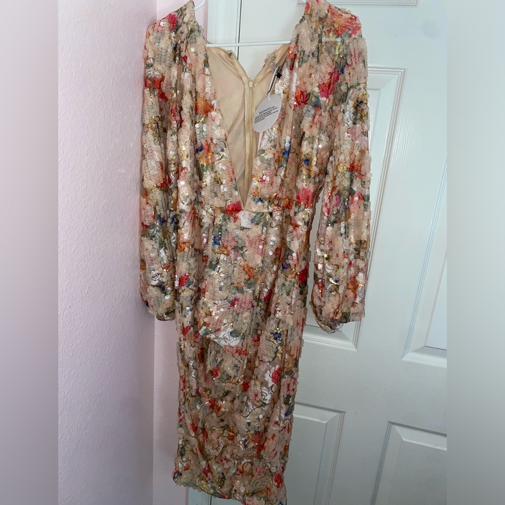 BOOHOO OCCASION SEQUIN PUFF SLEEVE MIDI DRESS